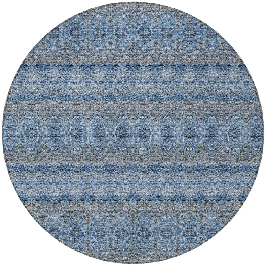 8' Navy Blue And Sky Blue Round Floral Medallion Washable Indoor Outdoor Area Rug Photo 5