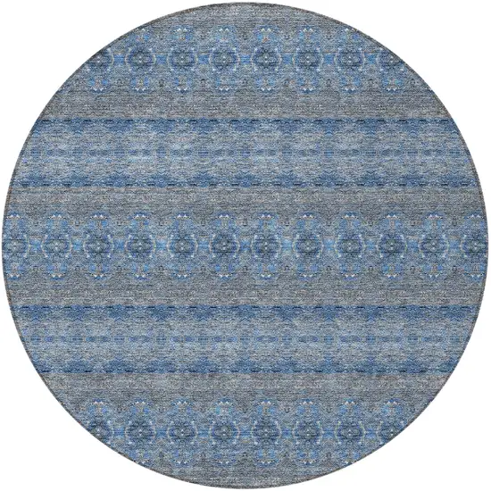 8' Navy Blue And Sky Blue Round Floral Medallion Washable Indoor Outdoor Area Rug Photo 5