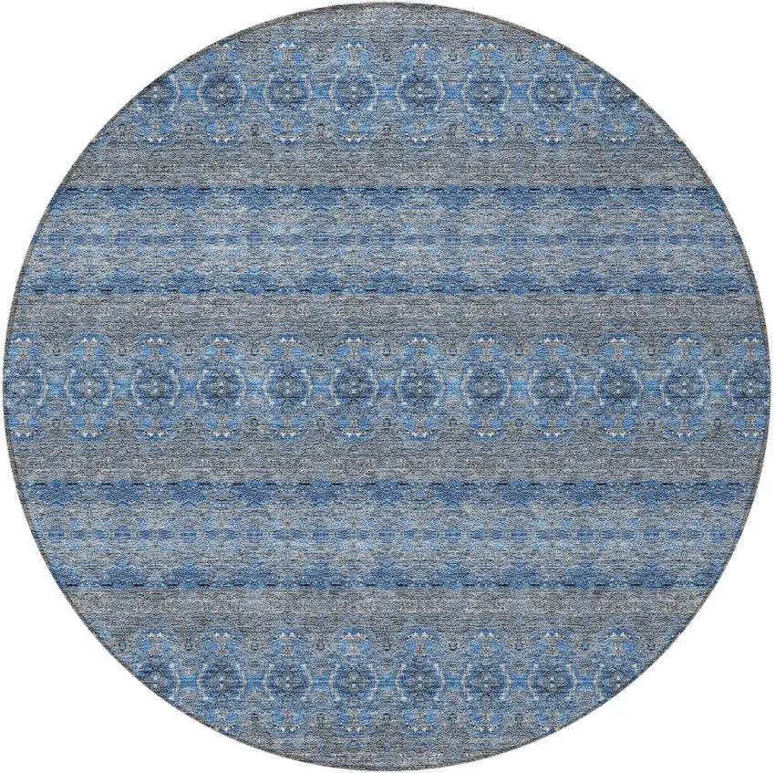 8' Navy Blue And Sky Blue Round Floral Medallion Washable Indoor Outdoor Area Rug Photo 5