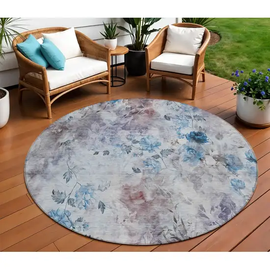 8' Navy Blue And Sky Blue Round Floral Washable Indoor Outdoor Area Rug Photo 1