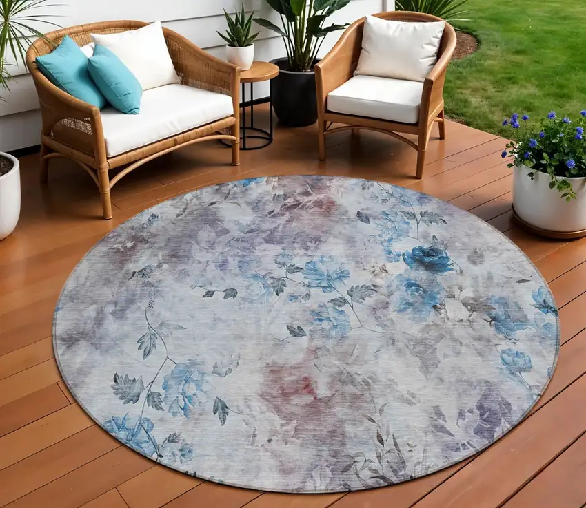 8' Navy Blue And Sky Blue Round Floral Washable Indoor Outdoor Area Rug Photo 1