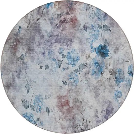 8' Navy Blue And Sky Blue Round Floral Washable Indoor Outdoor Area Rug Photo 1
