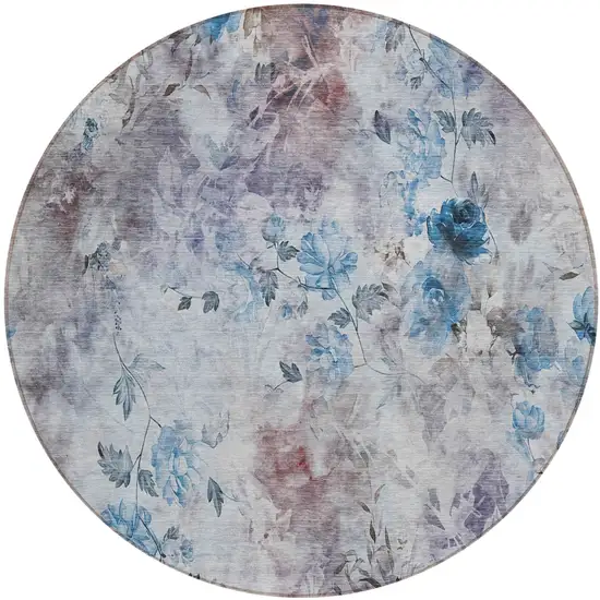 8' Navy Blue And Sky Blue Round Floral Washable Indoor Outdoor Area Rug Photo 1