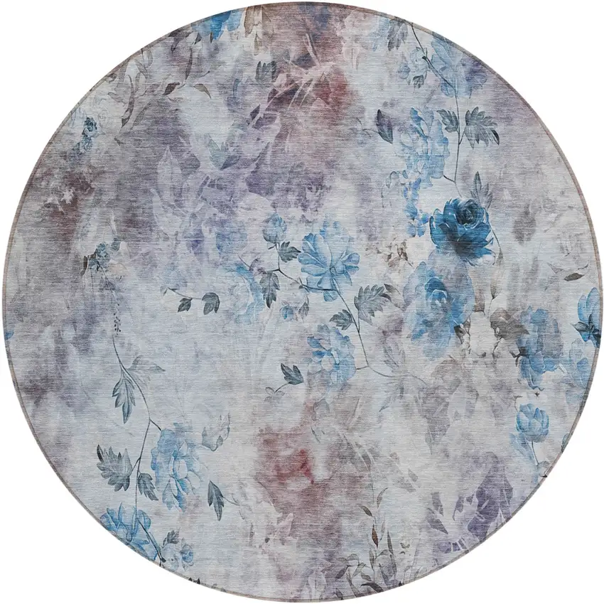 8' Navy Blue And Sky Blue Round Floral Washable Indoor Outdoor Area Rug Photo 1
