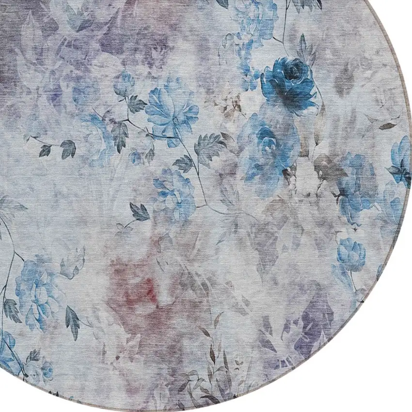 8' Navy Blue And Sky Blue Round Floral Washable Indoor Outdoor Area Rug Photo 6