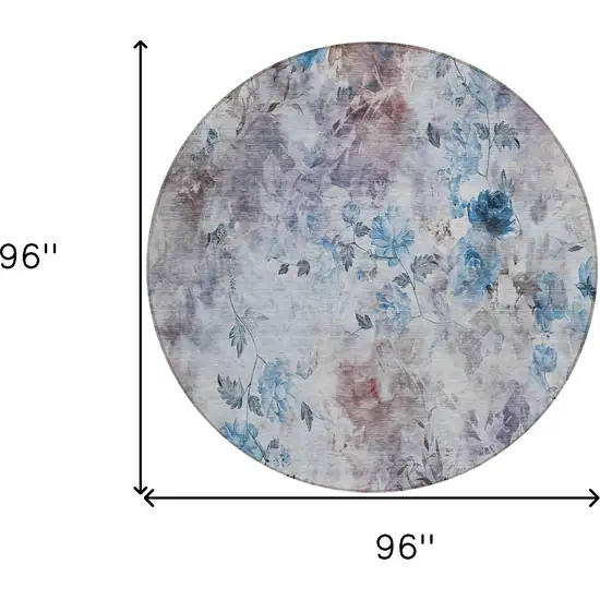 8' Navy Blue And Sky Blue Round Floral Washable Indoor Outdoor Area Rug Photo 9