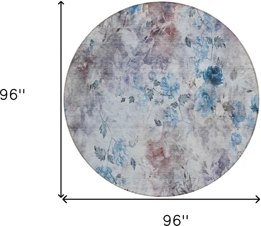 8' Navy Blue And Sky Blue Round Floral Washable Indoor Outdoor Area Rug Photo 9