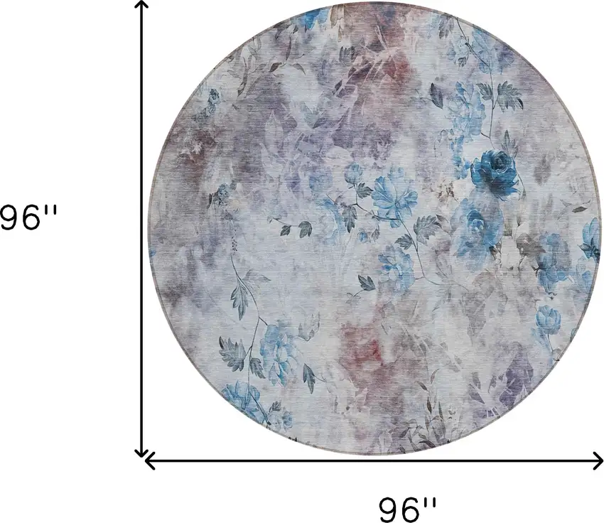 8' Navy Blue And Sky Blue Round Floral Washable Indoor Outdoor Area Rug Photo 9