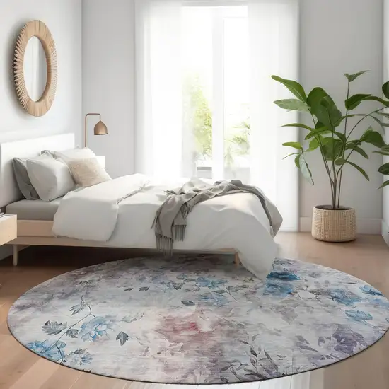 8' Navy Blue And Sky Blue Round Floral Washable Indoor Outdoor Area Rug Photo 9