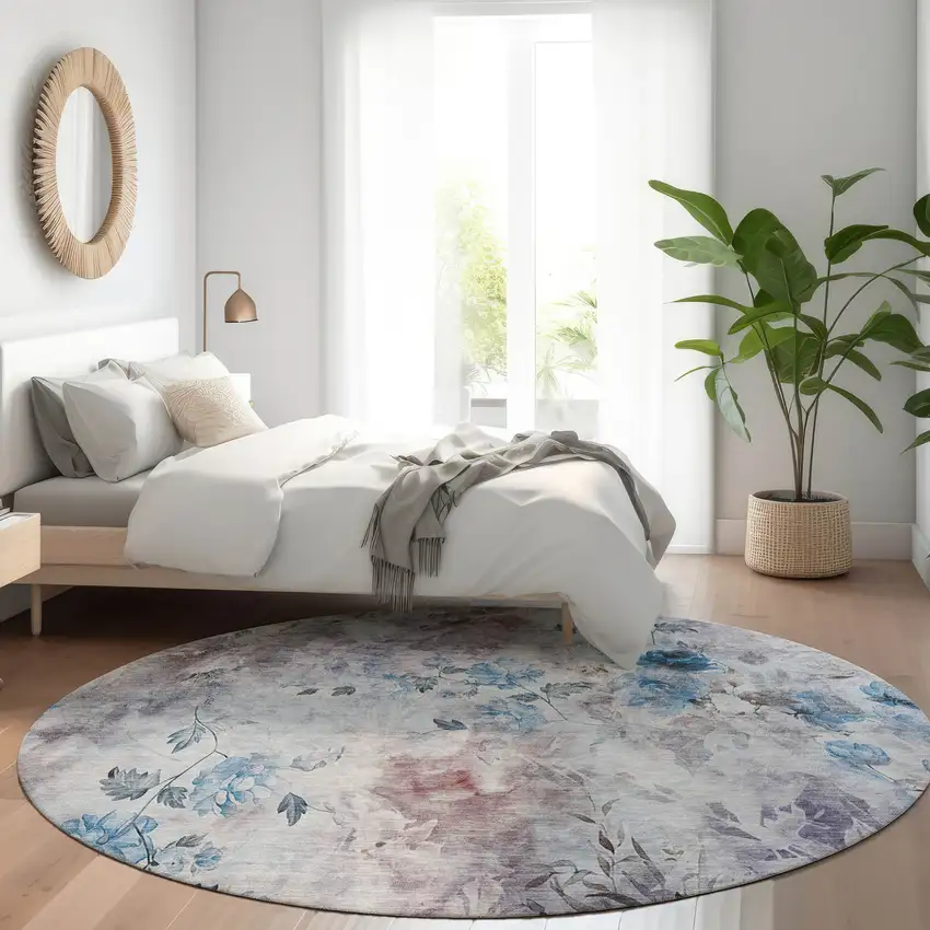 8' Navy Blue And Sky Blue Round Floral Washable Indoor Outdoor Area Rug Photo 9
