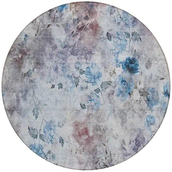 8' Navy Blue And Sky Blue Round Floral Washable Indoor Outdoor Area Rug Photo 6