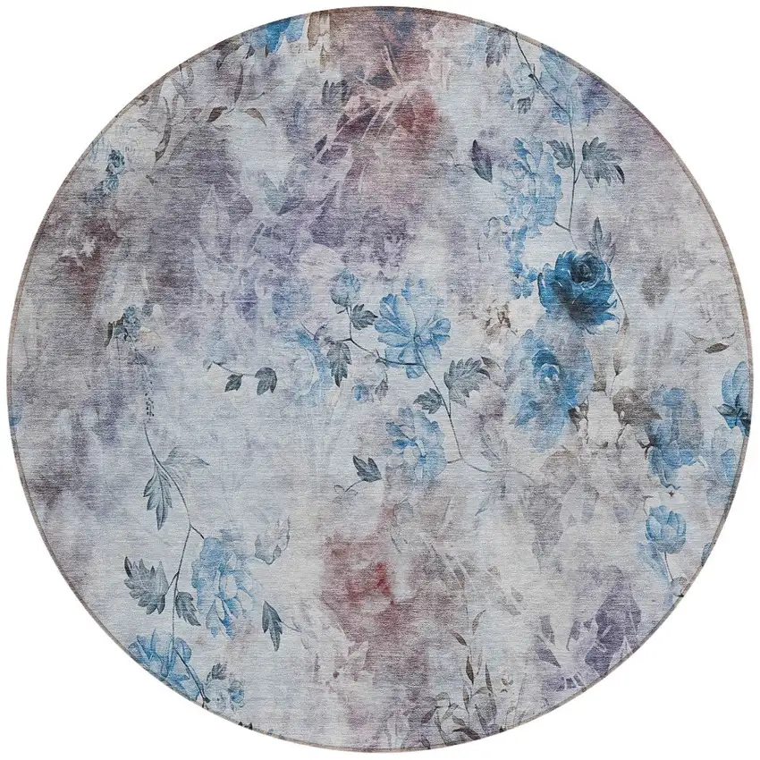 8' Navy Blue And Sky Blue Round Floral Washable Indoor Outdoor Area Rug Photo 6