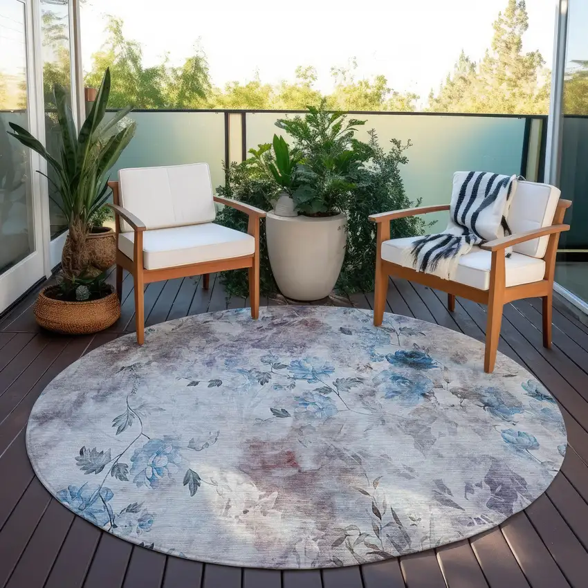 8' Navy Blue And Sky Blue Round Floral Washable Indoor Outdoor Area Rug Photo 8