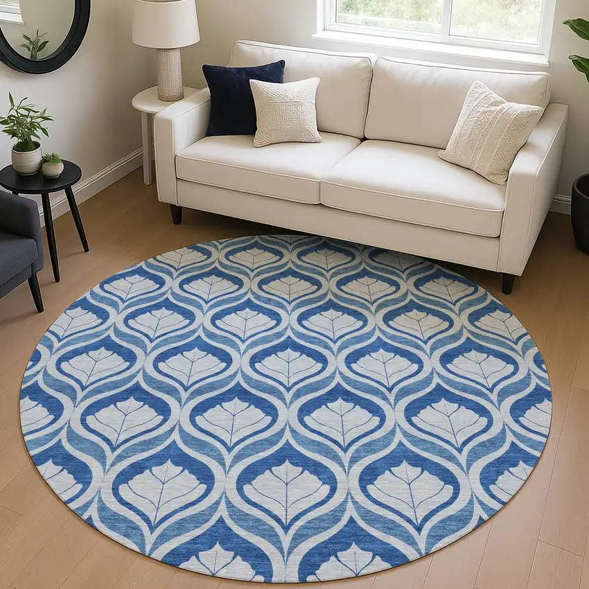 8' Navy Blue And Sky Blue Round Geometric Washable Indoor Outdoor Area Rug Photo 5