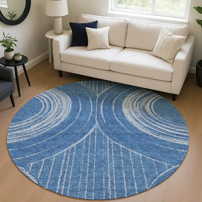 8' Navy Blue And Sky Blue Round Geometric Washable Indoor Outdoor Area Rug Photo 5
