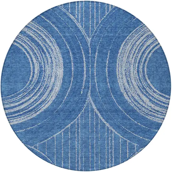8' Navy Blue And Sky Blue Round Geometric Washable Indoor Outdoor Area Rug Photo 3