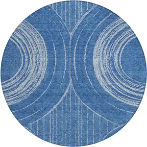 Photo of 8' Navy Blue And Sky Blue Round Geometric Washable Indoor Outdoor Area Rug