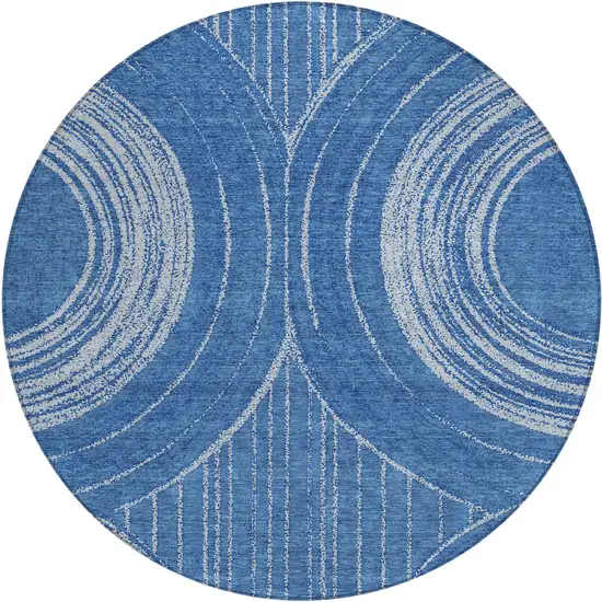8' Navy Blue And Sky Blue Round Geometric Washable Indoor Outdoor Area Rug Photo 1