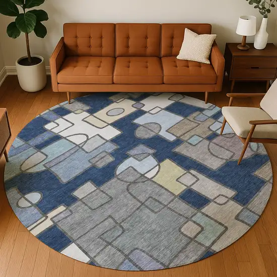 8' Navy Blue And Sky Blue Round Geometric Washable Indoor Outdoor Area Rug Photo 5