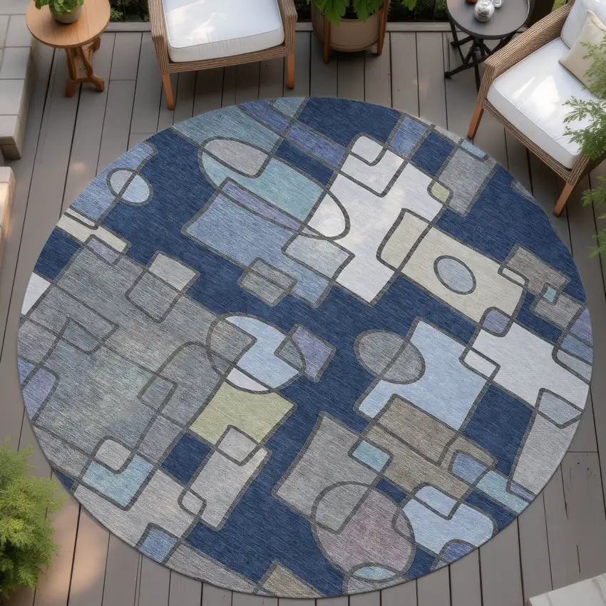 8' Navy Blue And Sky Blue Round Geometric Washable Indoor Outdoor Area Rug Photo 4