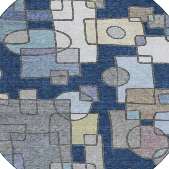 8' Navy Blue And Sky Blue Round Geometric Washable Indoor Outdoor Area Rug Photo 2