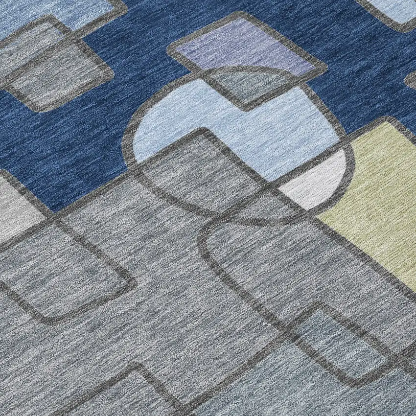 8' Navy Blue And Sky Blue Round Geometric Washable Indoor Outdoor Area Rug Photo 7