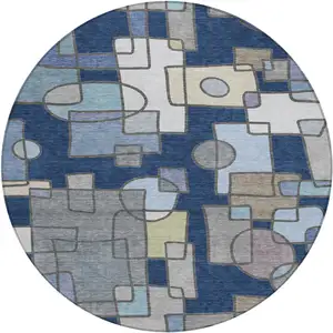Photo of 8' Navy Blue And Sky Blue Round Geometric Washable Indoor Outdoor Area Rug