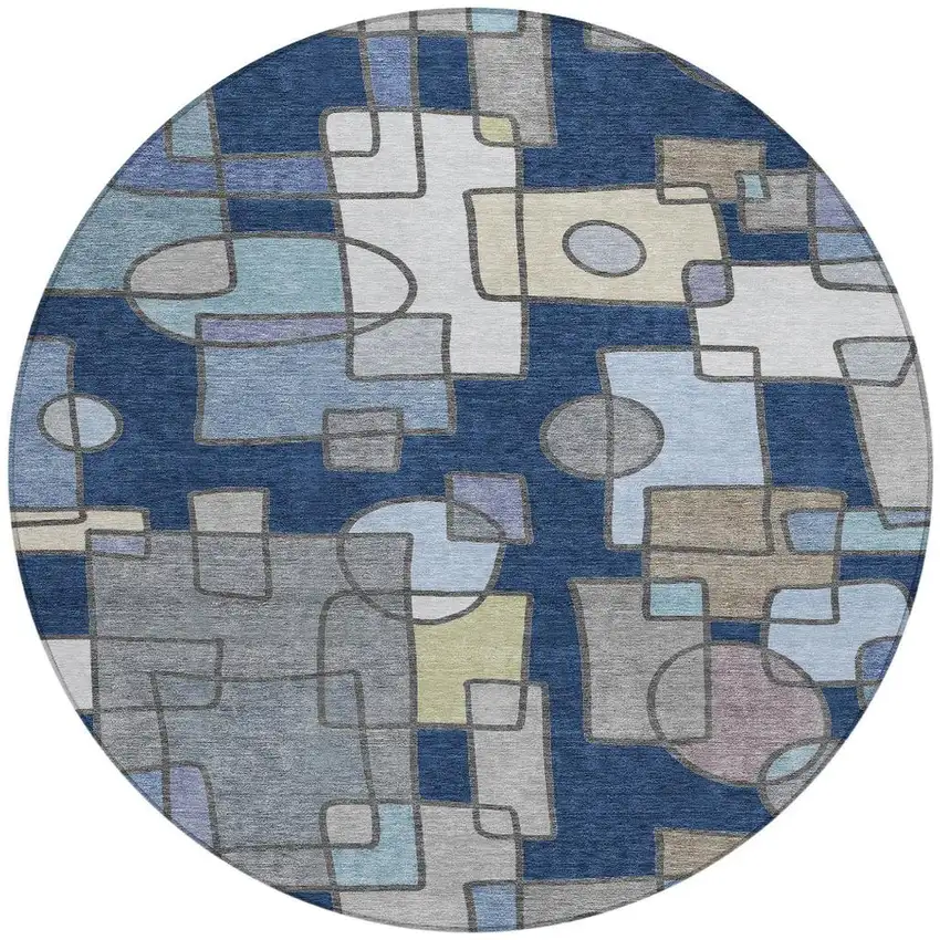 8' Navy Blue And Sky Blue Round Geometric Washable Indoor Outdoor Area Rug Photo 3