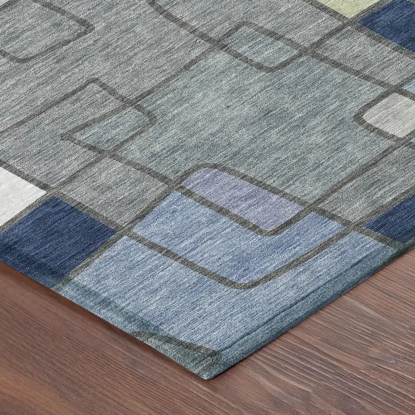 8' Navy Blue And Sky Blue Round Geometric Washable Indoor Outdoor Area Rug Photo 6