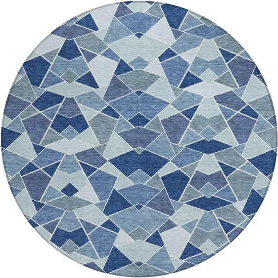 8' Navy Blue And Sky Blue Round Geometric Washable Indoor Outdoor Area Rug Photo 6