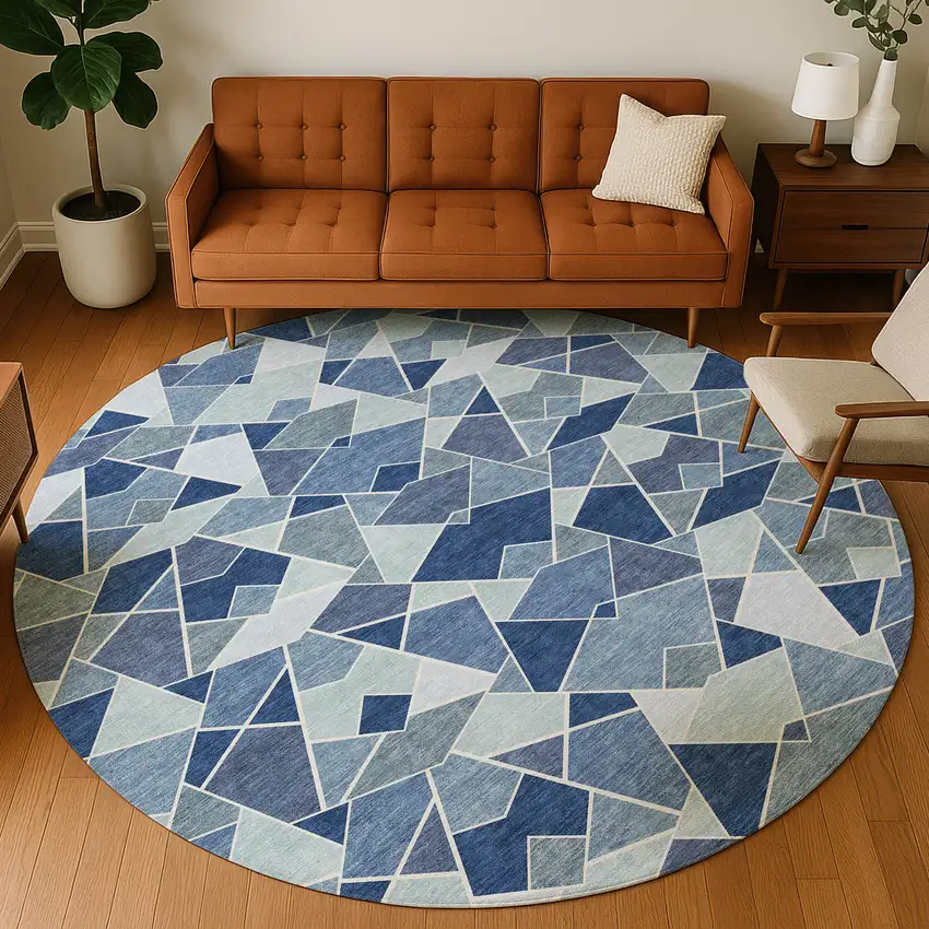 8' Navy Blue And Sky Blue Round Geometric Washable Indoor Outdoor Area Rug Photo 5