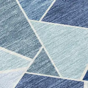 Photo of 8' Navy Blue And Sky Blue Round Geometric Washable Indoor Outdoor Area Rug