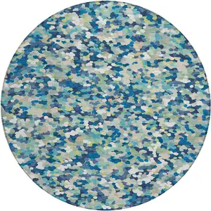 Photo of 8' Navy Blue And Sky Blue Round Geometric Washable Indoor Outdoor Area Rug