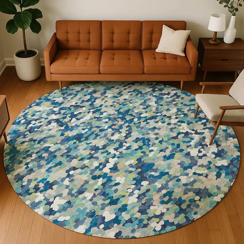 8' Navy Blue And Sky Blue Round Geometric Washable Indoor Outdoor Area Rug Photo 5
