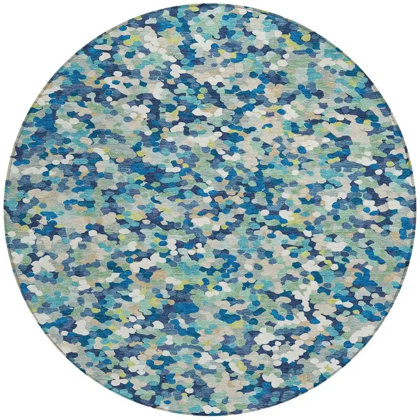 8' Navy Blue And Sky Blue Round Geometric Washable Indoor Outdoor Area Rug Photo 3