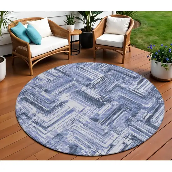 8' Navy Blue And Sky Blue Round Geometric Washable Indoor Outdoor Area Rug Photo 1