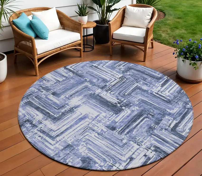 8' Navy Blue And Sky Blue Round Geometric Washable Indoor Outdoor Area Rug Photo 1