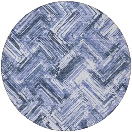 8' Navy Blue And Sky Blue Round Geometric Washable Indoor Outdoor Area Rug Photo 5