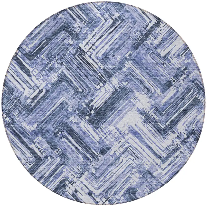8' Navy Blue And Sky Blue Round Geometric Washable Indoor Outdoor Area Rug Photo 5