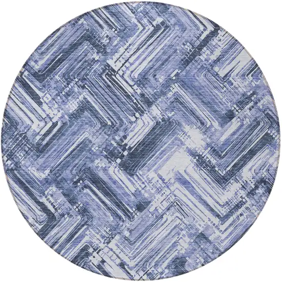 8' Navy Blue And Sky Blue Round Geometric Washable Indoor Outdoor Area Rug Photo 5