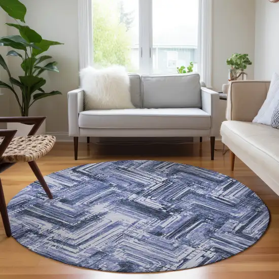 8' Navy Blue And Sky Blue Round Geometric Washable Indoor Outdoor Area Rug Photo 7