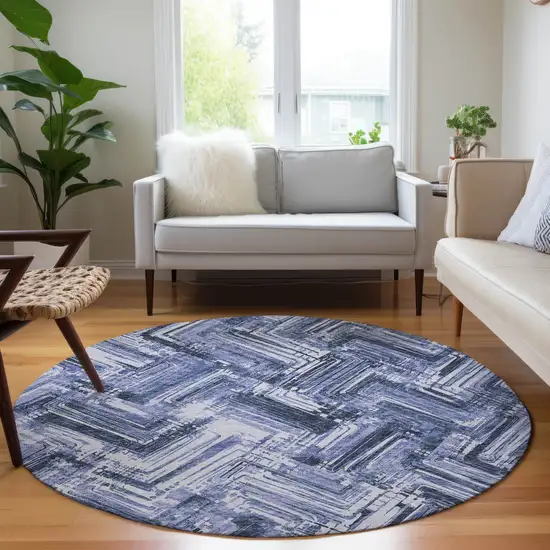 8' Navy Blue And Sky Blue Round Geometric Washable Indoor Outdoor Area Rug Photo 7