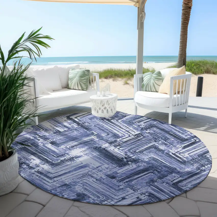 8' Navy Blue And Sky Blue Round Geometric Washable Indoor Outdoor Area Rug Photo 6