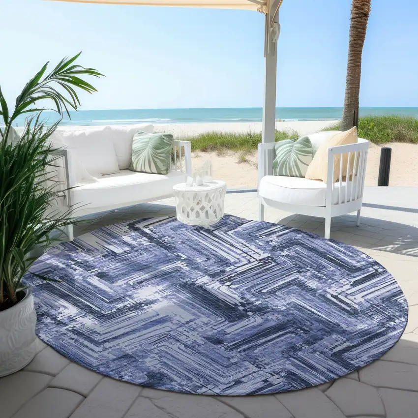 8' Navy Blue And Sky Blue Round Geometric Washable Indoor Outdoor Area Rug Photo 6