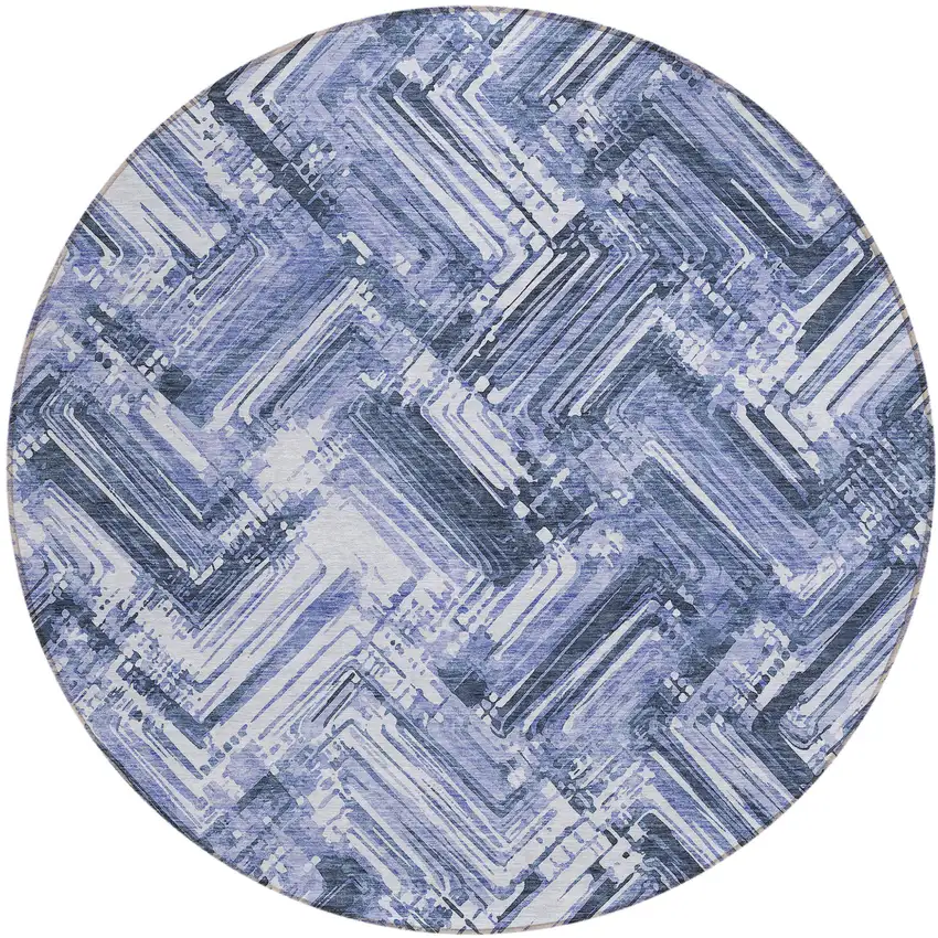 8' Navy Blue And Sky Blue Round Geometric Washable Indoor Outdoor Area Rug Photo 1