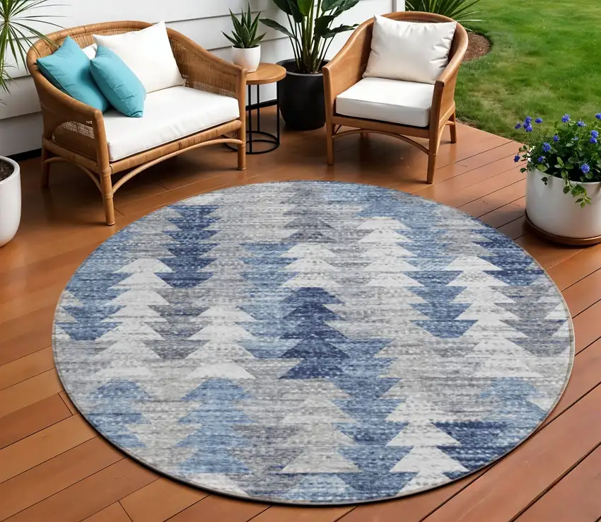 8' Navy Blue And Sky Blue Round Geometric Washable Indoor Outdoor Area Rug Photo 1