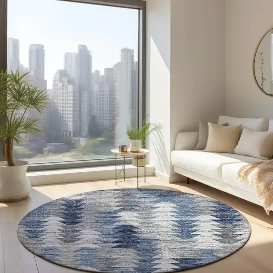 8' Navy Blue And Sky Blue Round Geometric Washable Indoor Outdoor Area Rug Photo 7