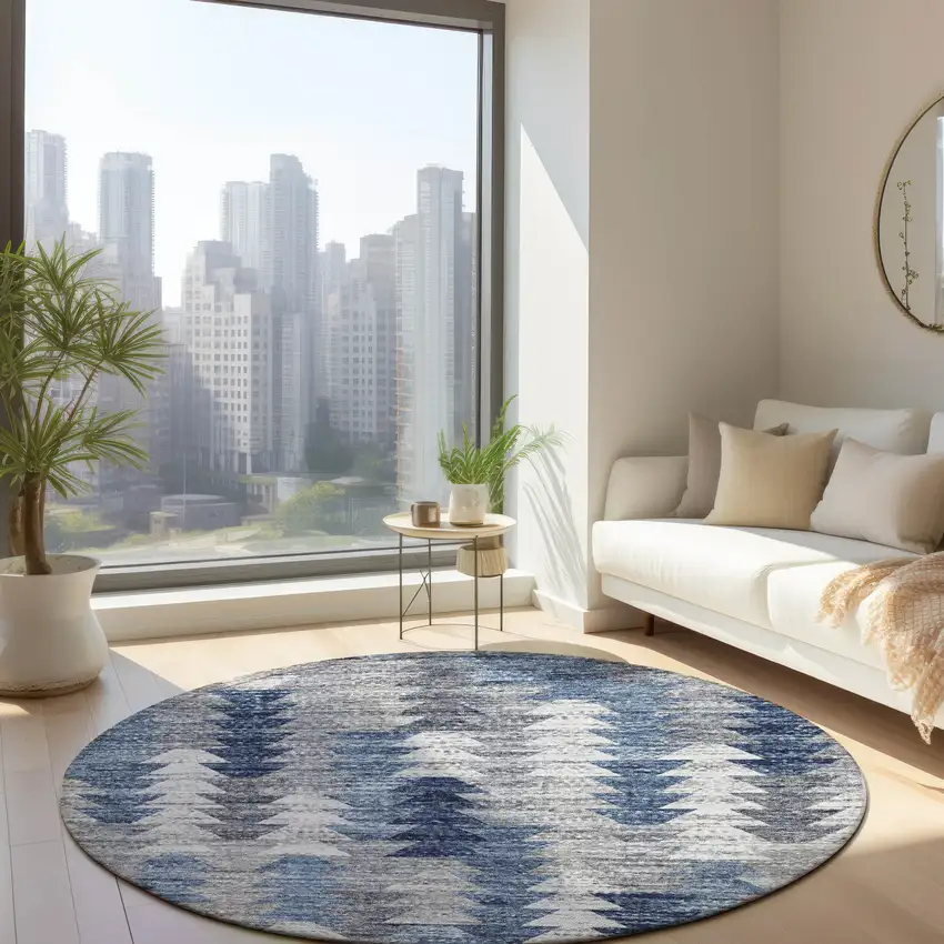 8' Navy Blue And Sky Blue Round Geometric Washable Indoor Outdoor Area Rug Photo 7