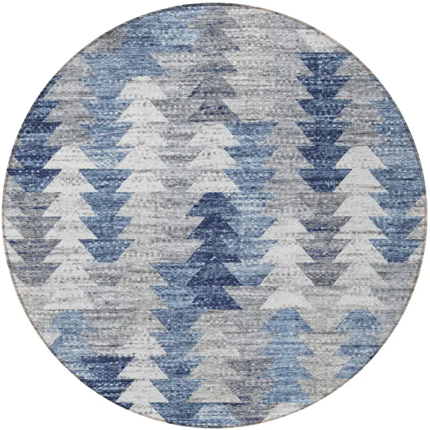 8' Navy Blue And Sky Blue Round Geometric Washable Indoor Outdoor Area Rug Photo 5