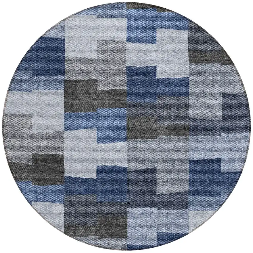 8' Navy Blue And Sky Blue Round Geometric Washable Indoor Outdoor Area Rug Photo 4